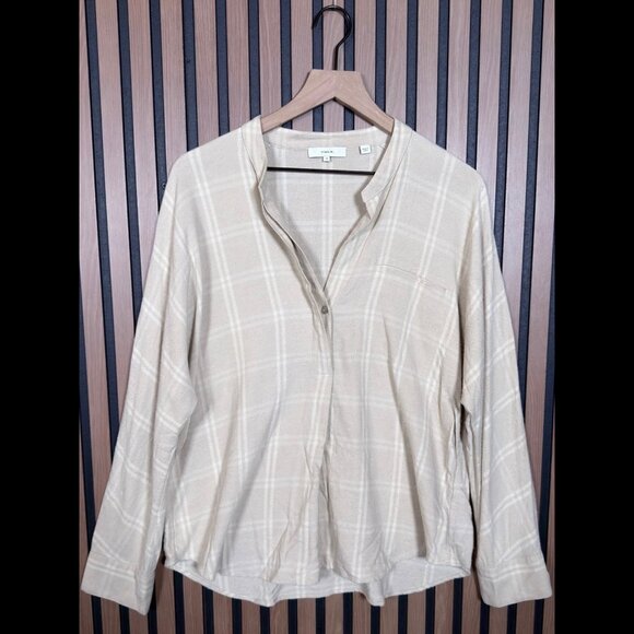 Vince Shirt Medium Womens Beige Collar 1 Button Long Sleeve Check Pattern Wool - Picture 1 of 7